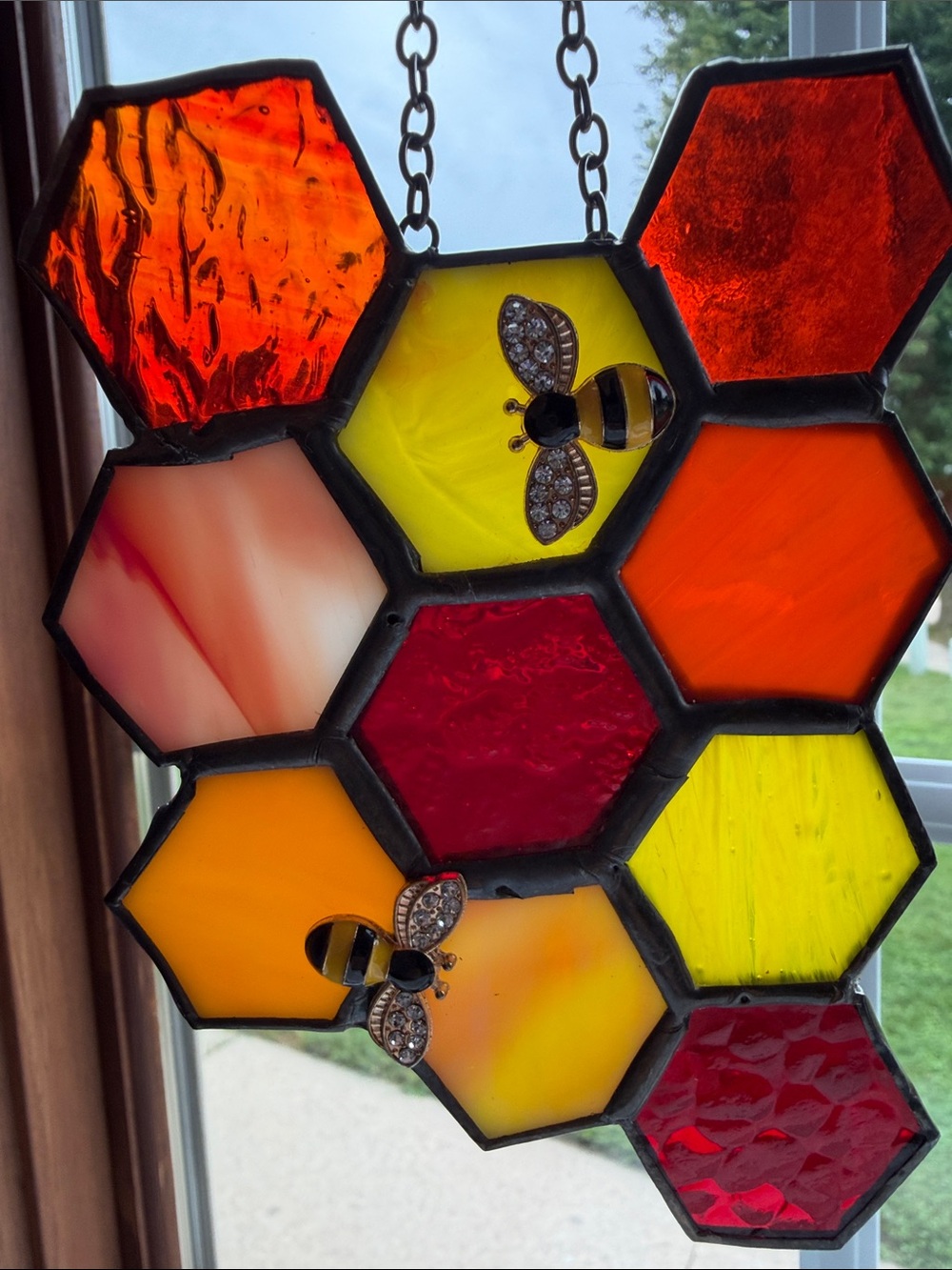 Stained Glass Honeycomb Bee Suncatcher - Yellow & Orange